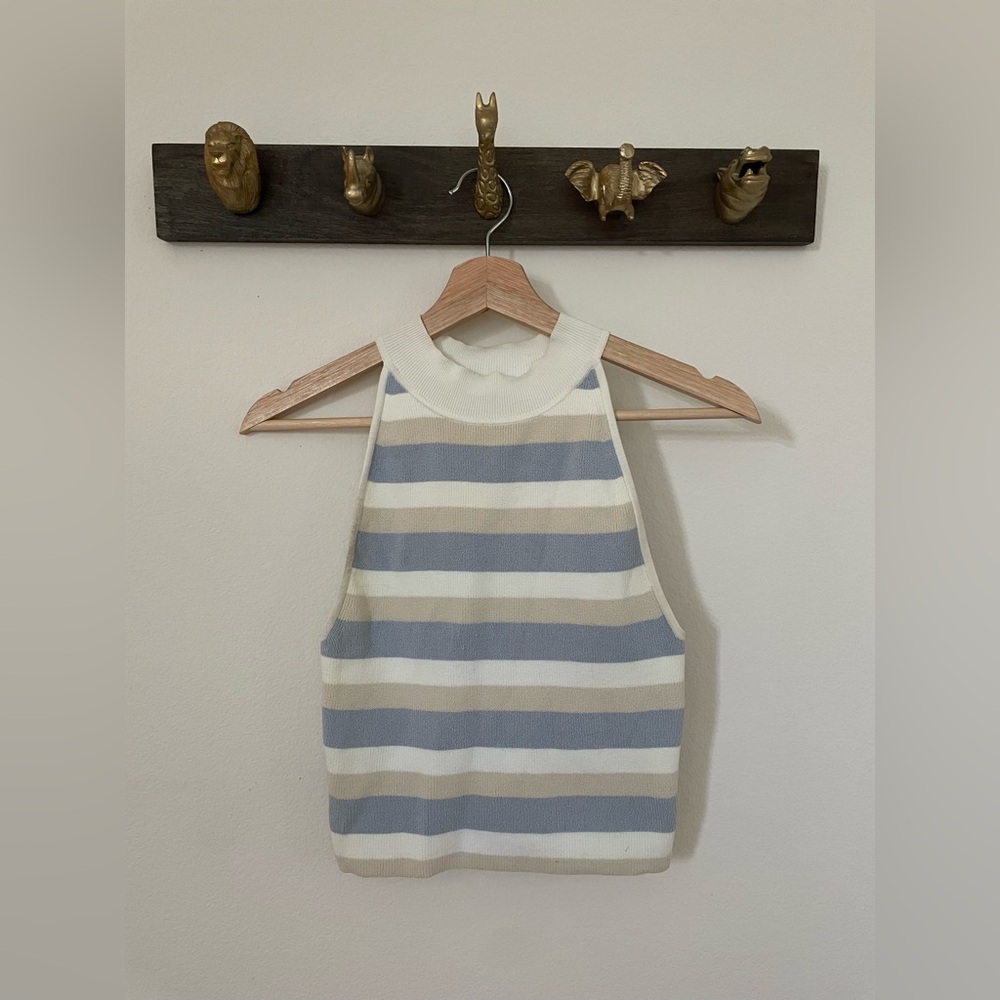 Babaton Sculpt Knit Halter Top with Blue and Cream Stripes